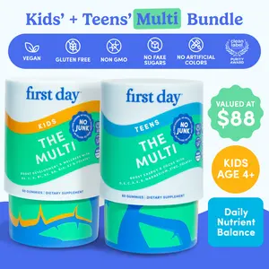 First Day Bundled Set - Kids Essential & Teens Daily Kickstart Multivitamin Gummies (Ages 12-17) - Edible, Clean Label Dietary Supplements with Healthy Ingredients for Brain Health - Organic, No Fillers, Gums, Added Sugars, "No Junk" Daily Vitamins